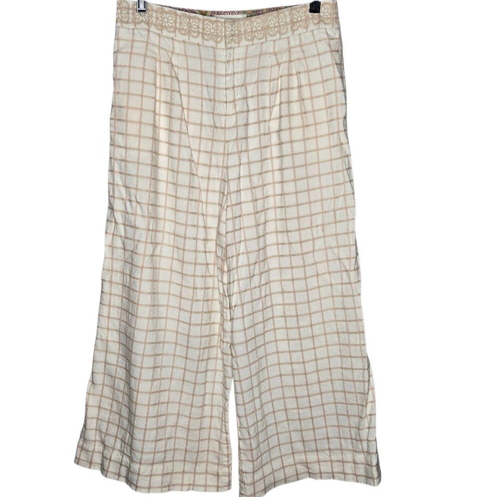 Elevenses Women's 6 Cream Beige Check Linen Blend Embroidered Crop Wide Pants